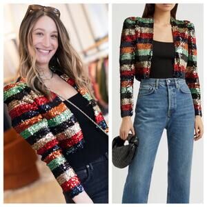 Alice + Olivia Sherryl Rainbow Sequin Cropped Blazer Jacket Puff Sleeves Small